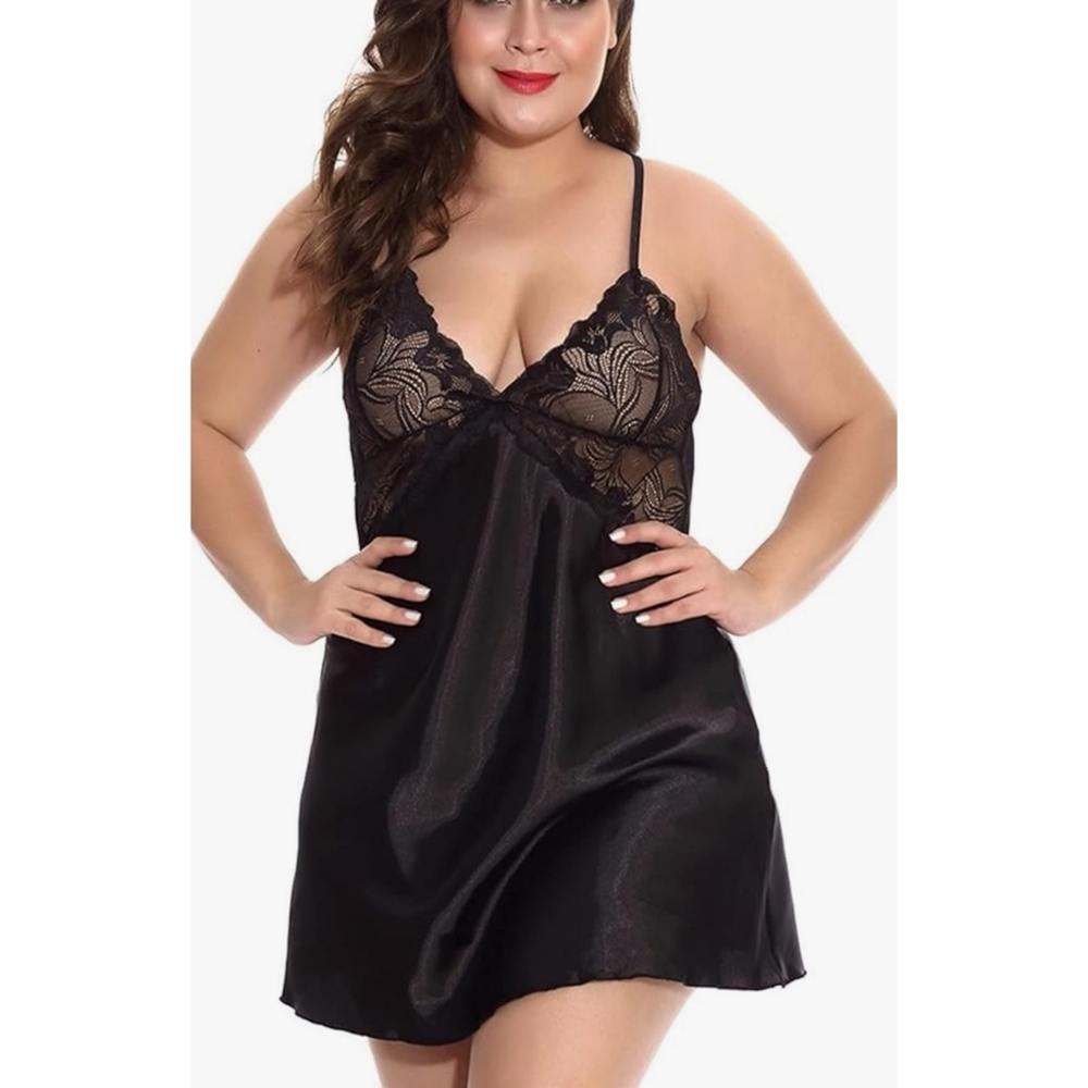 Satin & Lace Babydoll Chemise Black Size XL
